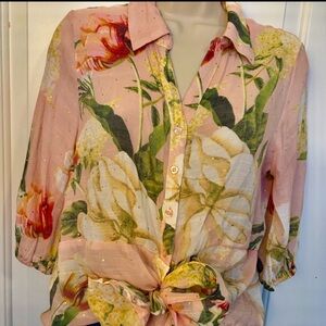Floral Women's Blouse - Pink and Green, and gold color specks